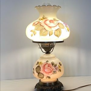 Hurricane lamp cream colored with handpainted roses